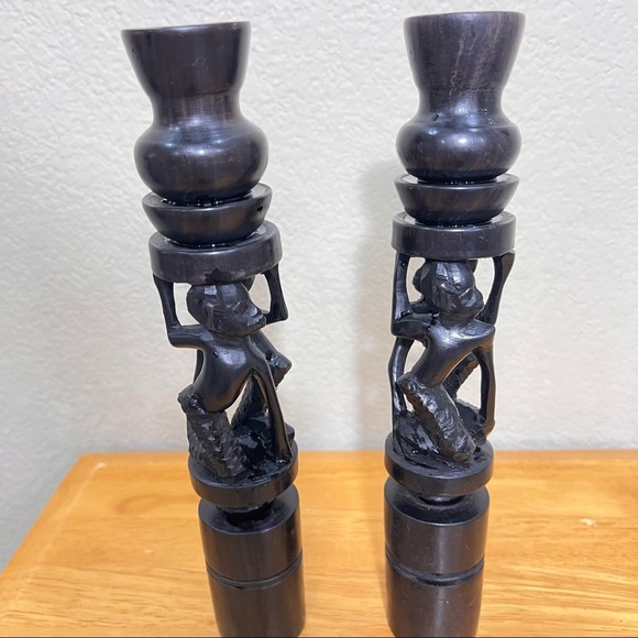Vintage African Ebony Wood Hand Carved Candles Holder - Picture 5 of 6